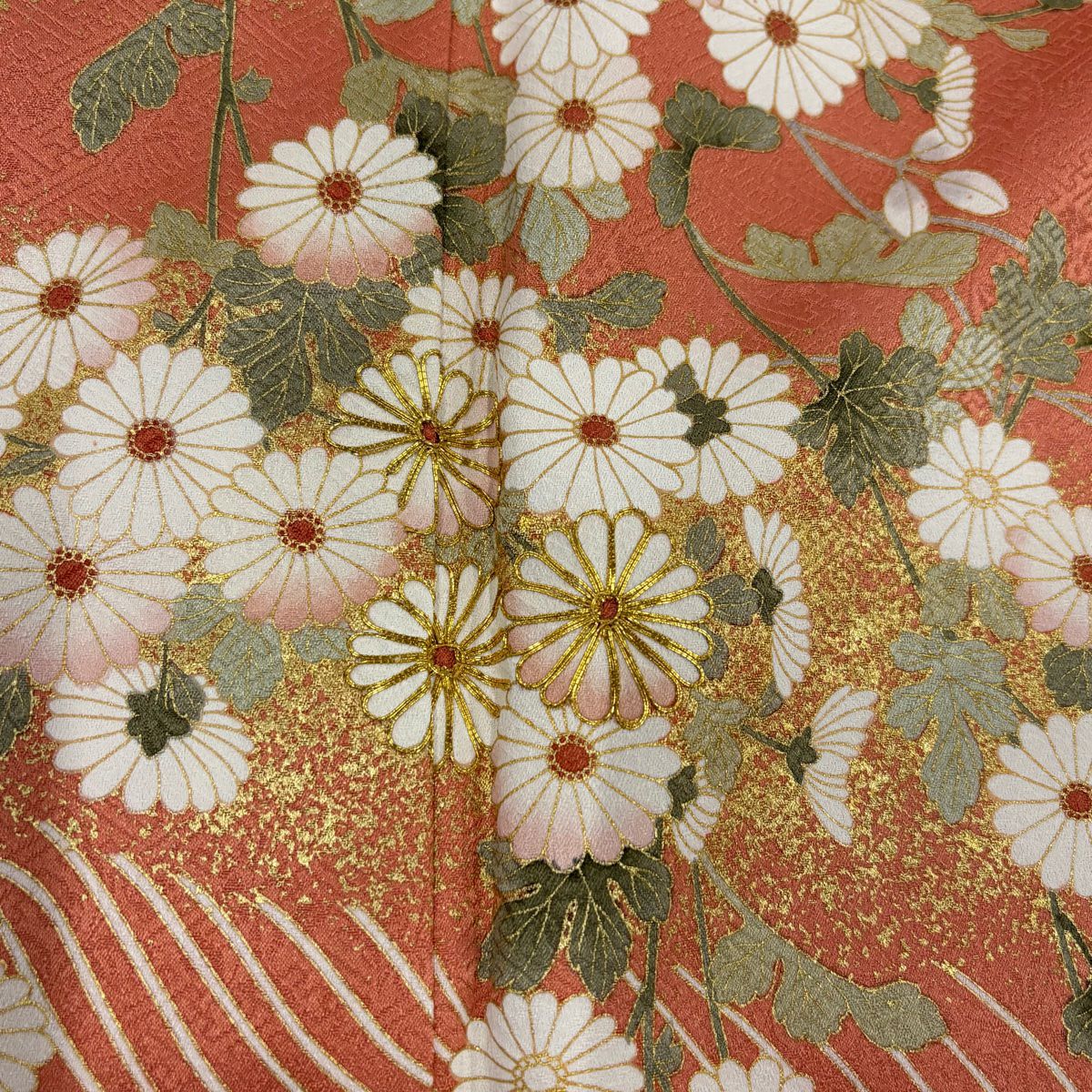 【美品】訪問服 身長160cm 袖長64.5cm M 雙層 秋草 波 金絲 金銀彩 鮭粉色 純蠶絲 秀品級