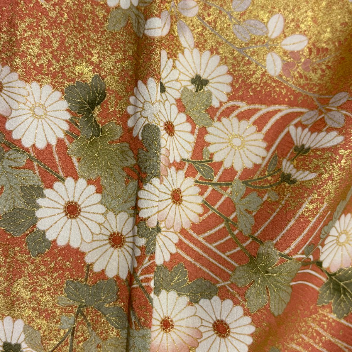 【美品】訪問服 身長160cm 袖長64.5cm M 雙層 秋草 波 金絲 金銀彩 鮭粉色 純蠶絲 秀品級