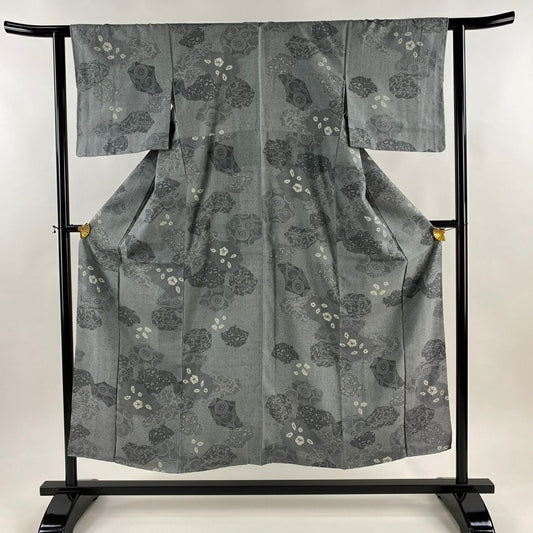 【美品】 小紋 身長152cm 袖長61cm S 雙層 紬織織 菊花 寄花紋 絞染紬織織 灰色 純蠶絲 秀品級