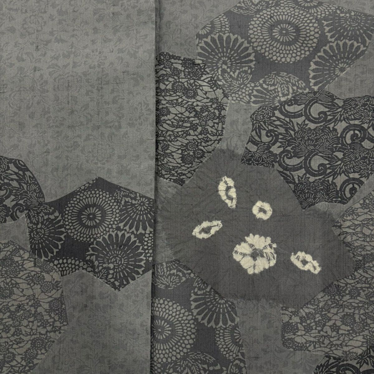 【美品】 小紋 身長152cm 袖長61cm S 雙層 紬織織 菊花 寄花紋 絞染紬織織 灰色 純蠶絲 秀品級