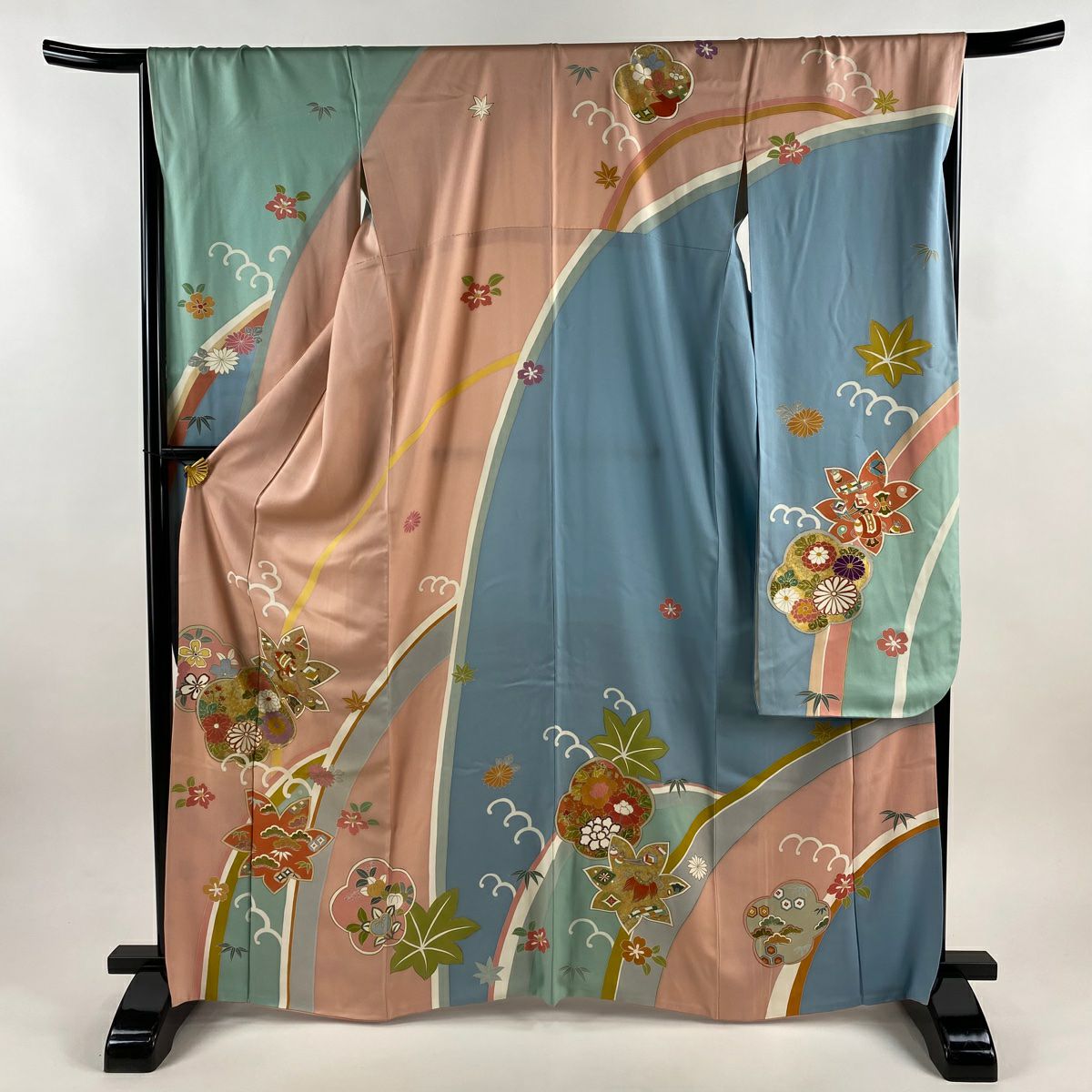 振袖禮服 身長166.5cm 袖長67cm M 雙層 梅花寶盡 金銀彩 金絲 粉米色 純蠶絲 秀品級