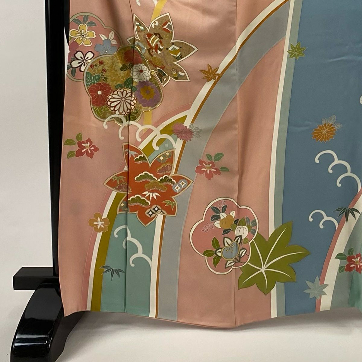 振袖禮服 身長166.5cm 袖長67cm M 雙層 梅花寶盡 金銀彩 金絲 粉米色 純蠶絲 秀品級