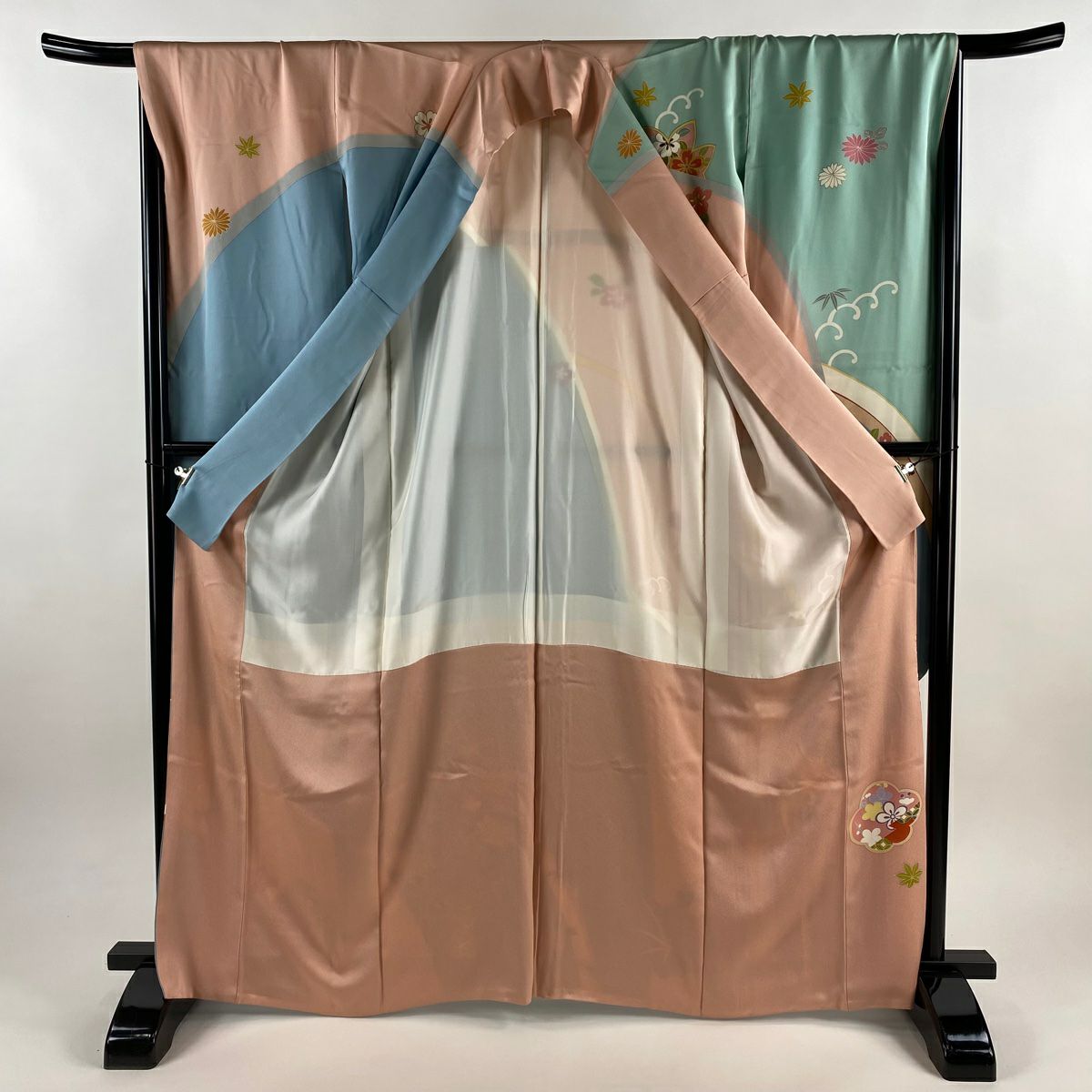 振袖禮服 身長166.5cm 袖長67cm M 雙層 梅花寶盡 金銀彩 金絲 粉米色 純蠶絲 秀品級