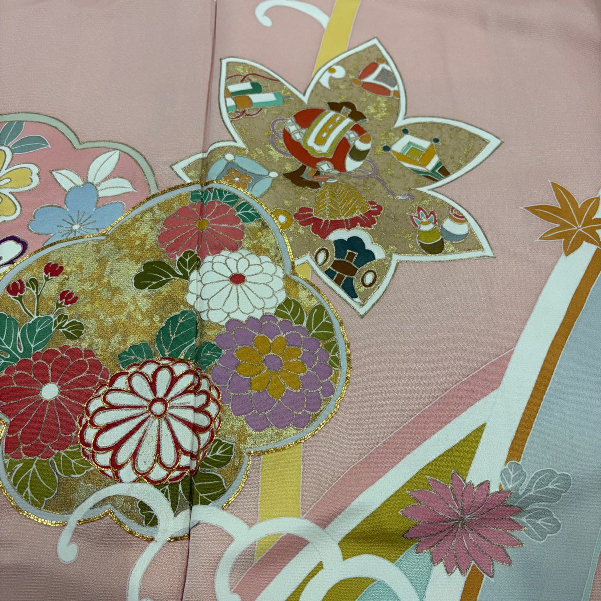 振袖禮服 身長166.5cm 袖長67cm M 雙層 梅花寶盡 金銀彩 金絲 粉米色 純蠶絲 秀品級