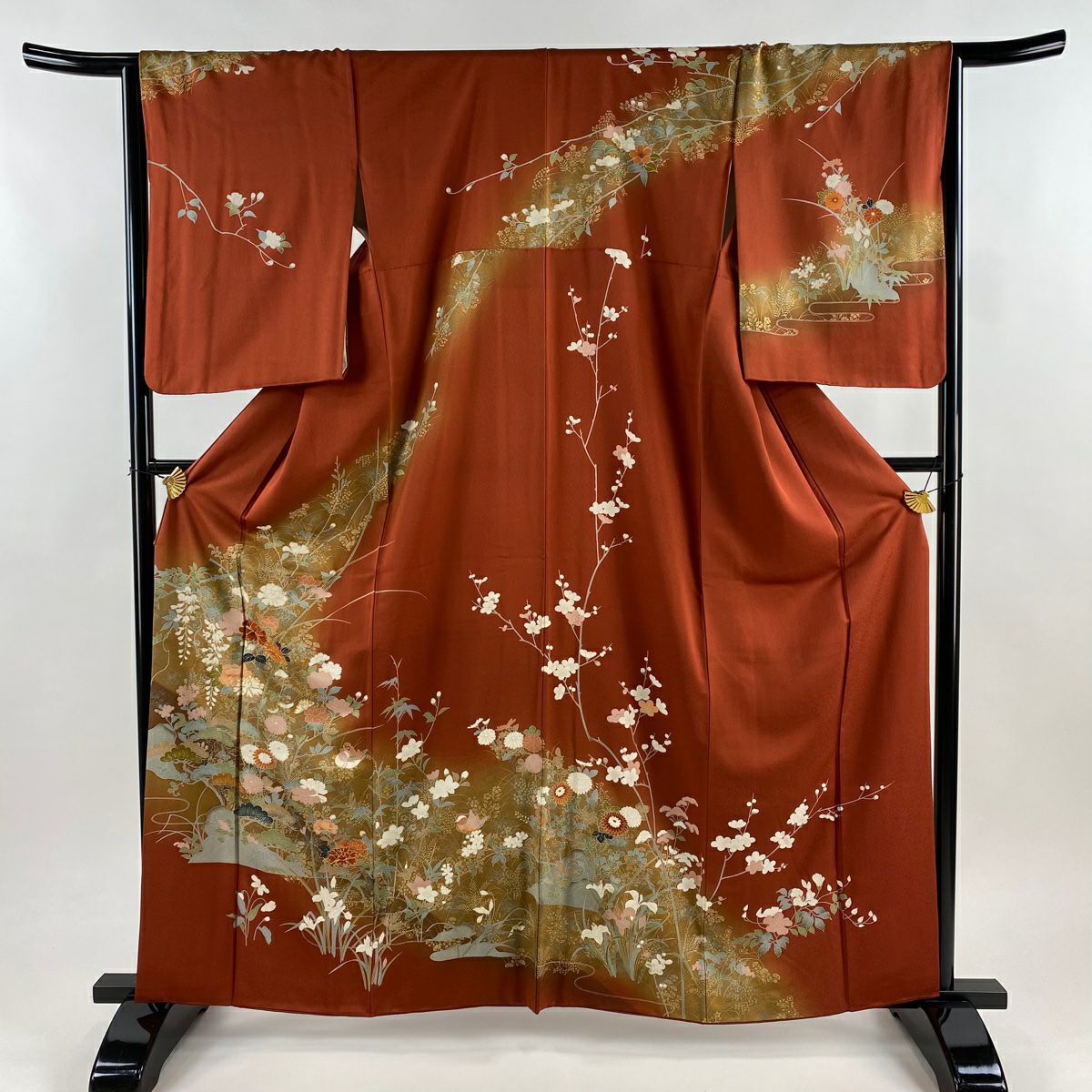訪問服 身長162cm 袖長65cm M 雙層 枝花 松樹 金銀彩 漸層 紅茶 純蠶絲 優品級