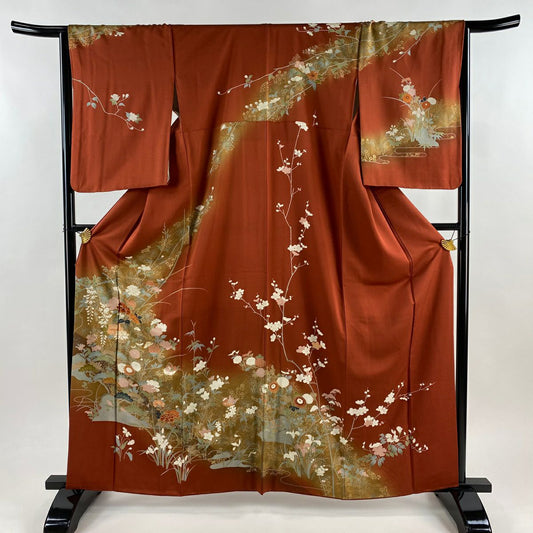 訪問服 身長162cm 袖長65cm M 雙層 枝花 松樹 金銀彩 漸層 紅茶 純蠶絲 優品級
