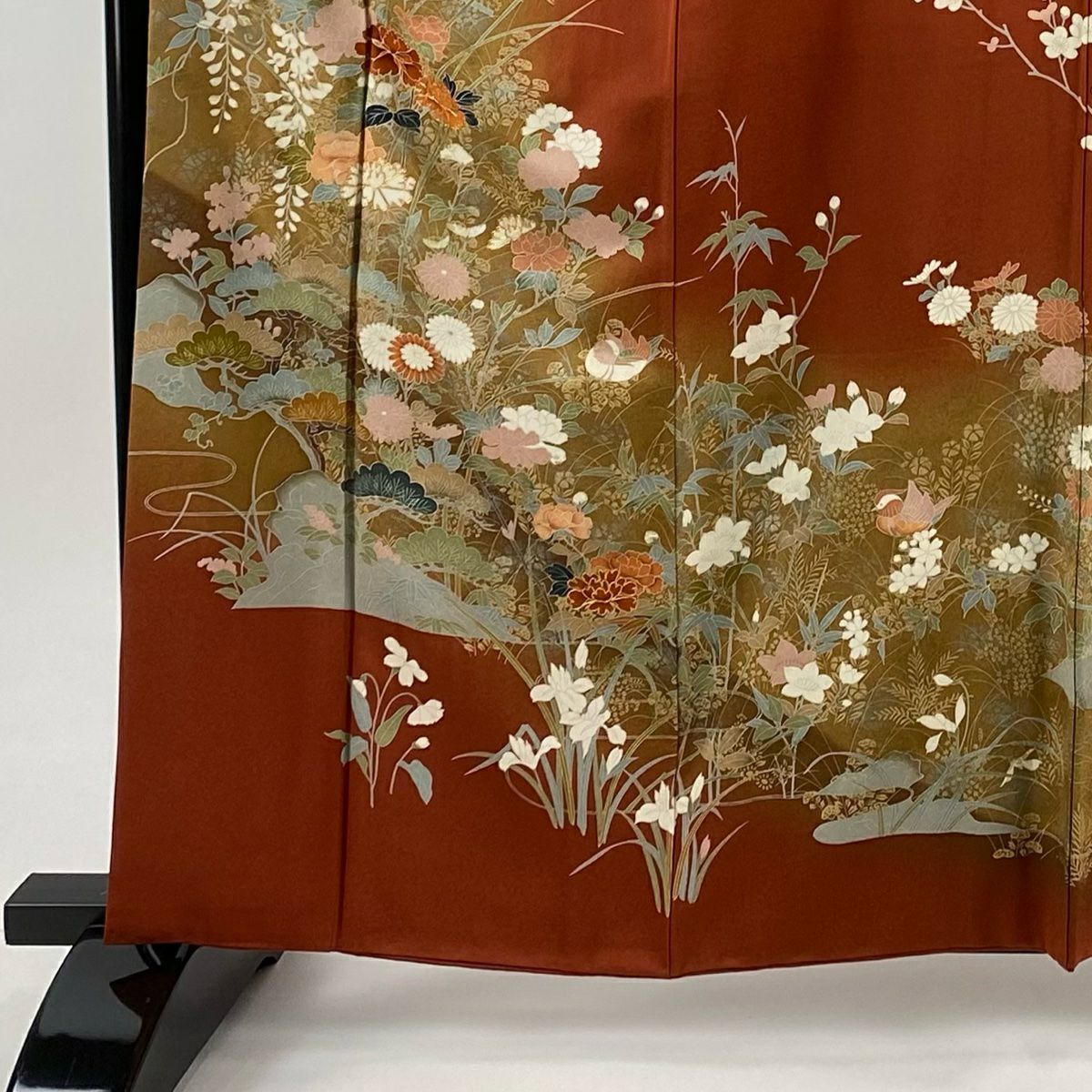 訪問服 身長162cm 袖長65cm M 雙層 枝花 松樹 金銀彩 漸層 紅茶 純蠶絲 優品級