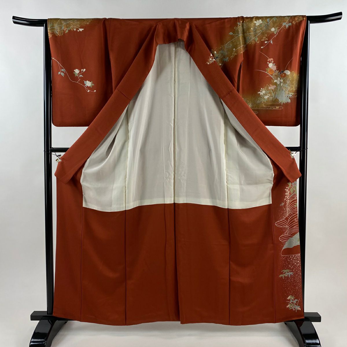 訪問服 身長162cm 袖長65cm M 雙層 枝花 松樹 金銀彩 漸層 紅茶 純蠶絲 優品級