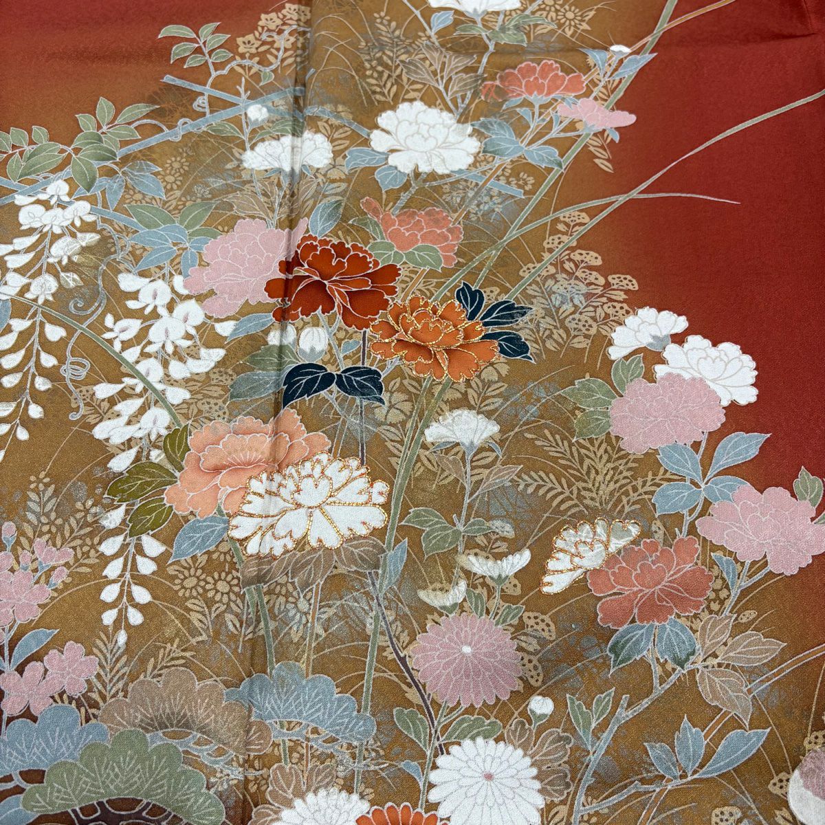 訪問服 身長162cm 袖長65cm M 雙層 枝花 松樹 金銀彩 漸層 紅茶 純蠶絲 優品級
