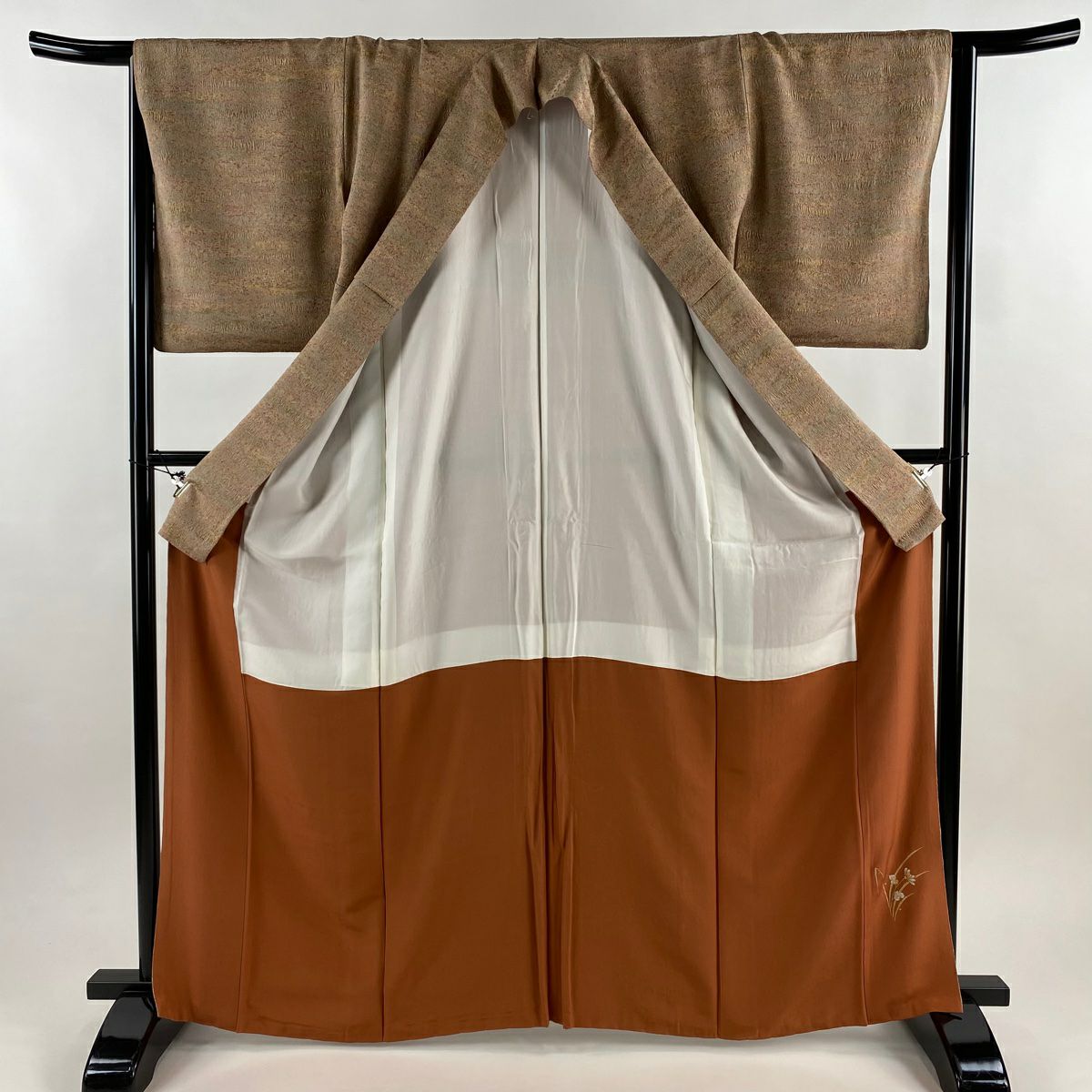 【美品】 小紋 身長166cm 袖長64.5cm M 雙層 幾何學 陶彩染 薄茶 純蠶絲 秀品級