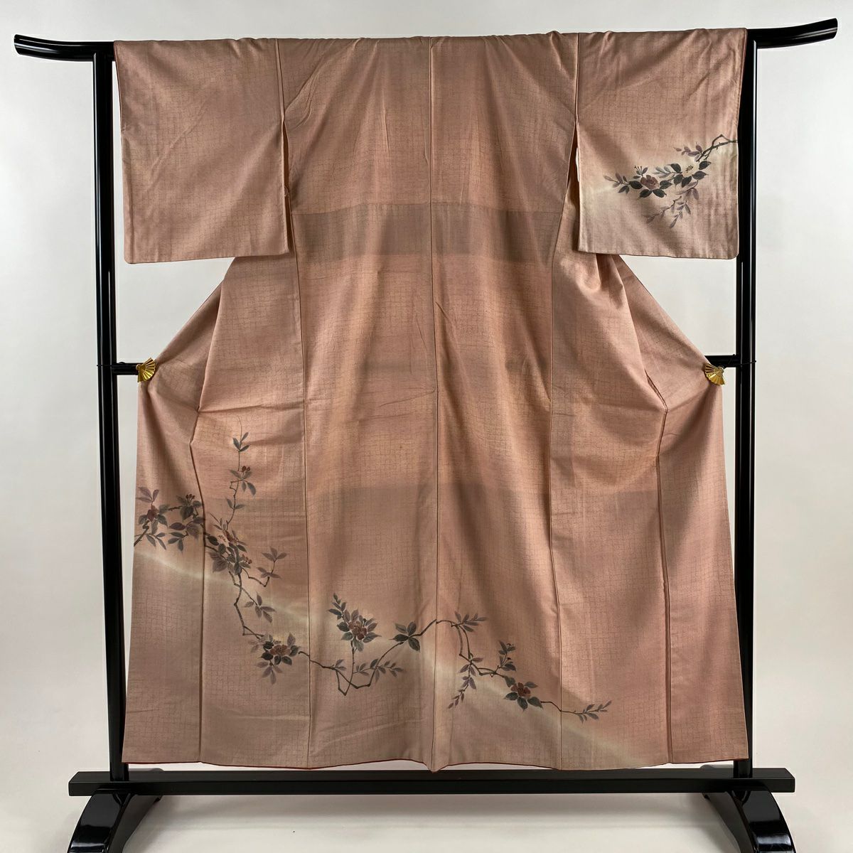 訪問服 身長155.5cm 袖長64cm M 雙層 紬織織 枝花 粉紅 純蠶絲 秀品級