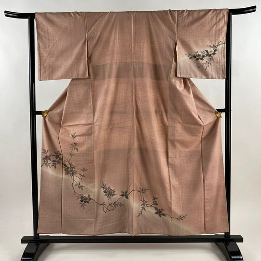 訪問服 身長155.5cm 袖長64cm M 雙層 紬織織 枝花 粉紅 純蠶絲 秀品級