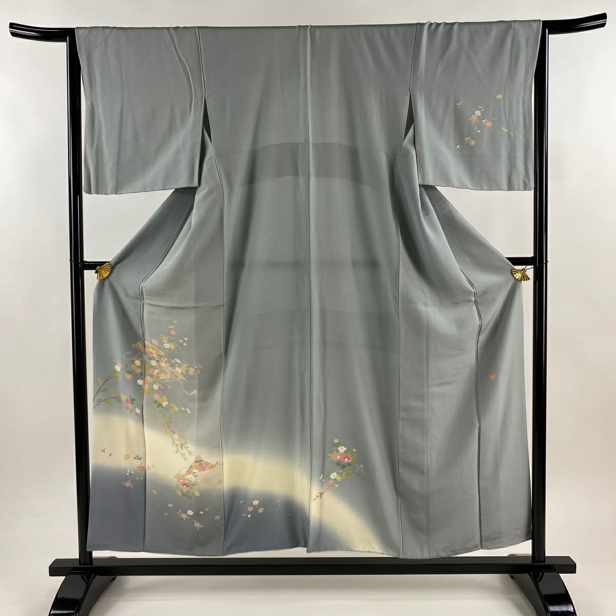 付下 身長155.5cm 袖長65cm M 雙層 落款 花笠 草花紋紋 漸層 青灰色 純蠶絲 秀品級