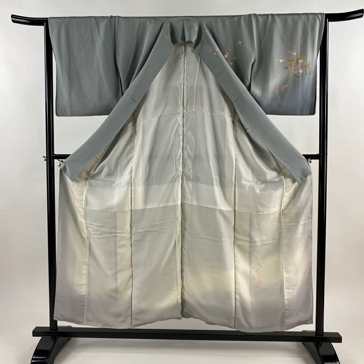 付下 身長155.5cm 袖長65cm M 雙層 落款 花笠 草花紋紋 漸層 青灰色 純蠶絲 秀品級