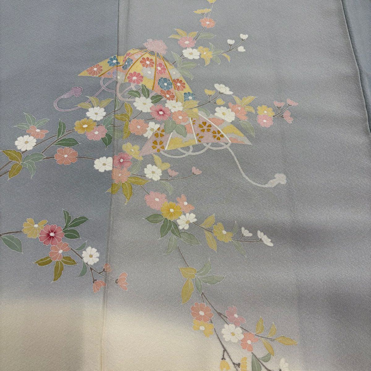 付下 身長155.5cm 袖長65cm M 雙層 落款 花笠 草花紋紋 漸層 青灰色 純蠶絲 秀品級