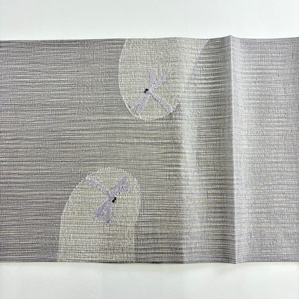 【美品】 袋帶 名品級 夏帶 葉紋 螳螂 金銀彩 灰紫 お太鼓紋 純蠶絲