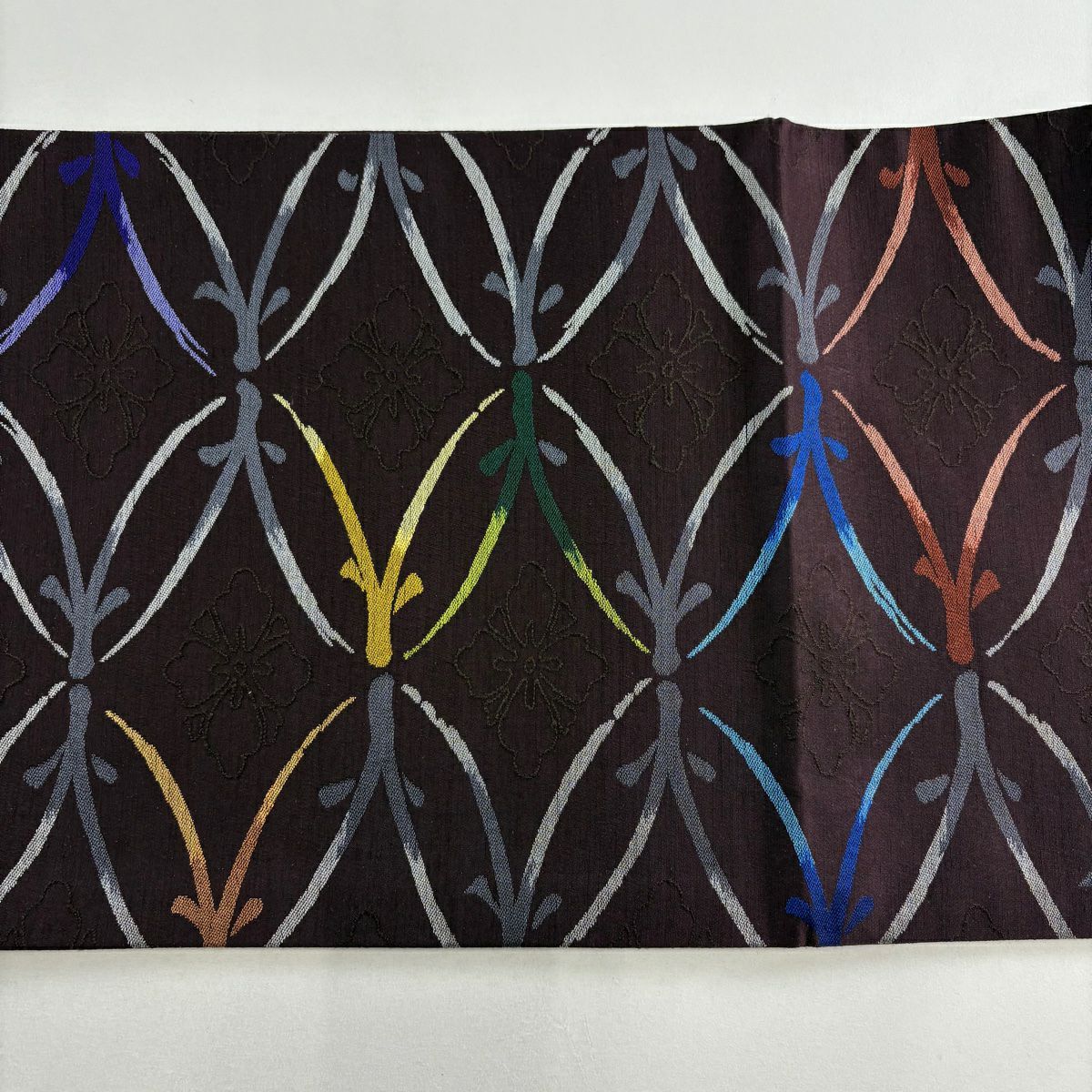 【美品】 袋帶 名品級 變化七寶華紋 深紫 六通 純蠶絲