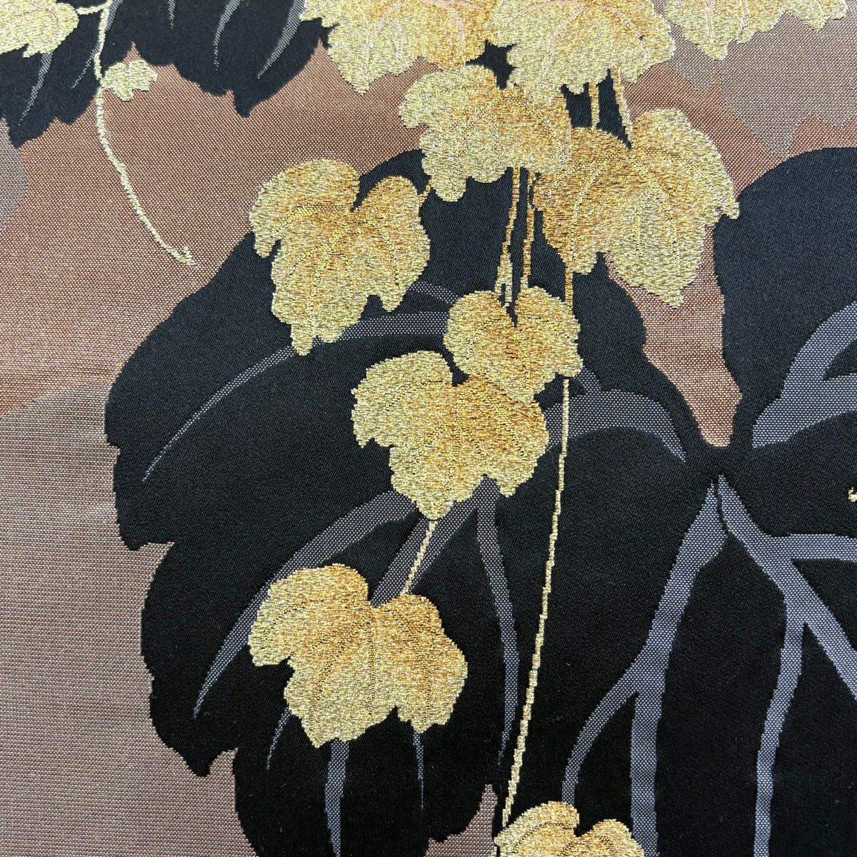 【美品】 袋帶 名品級 葉柄 蔦 金糸 金金箔 茶 六通 純蠶絲
