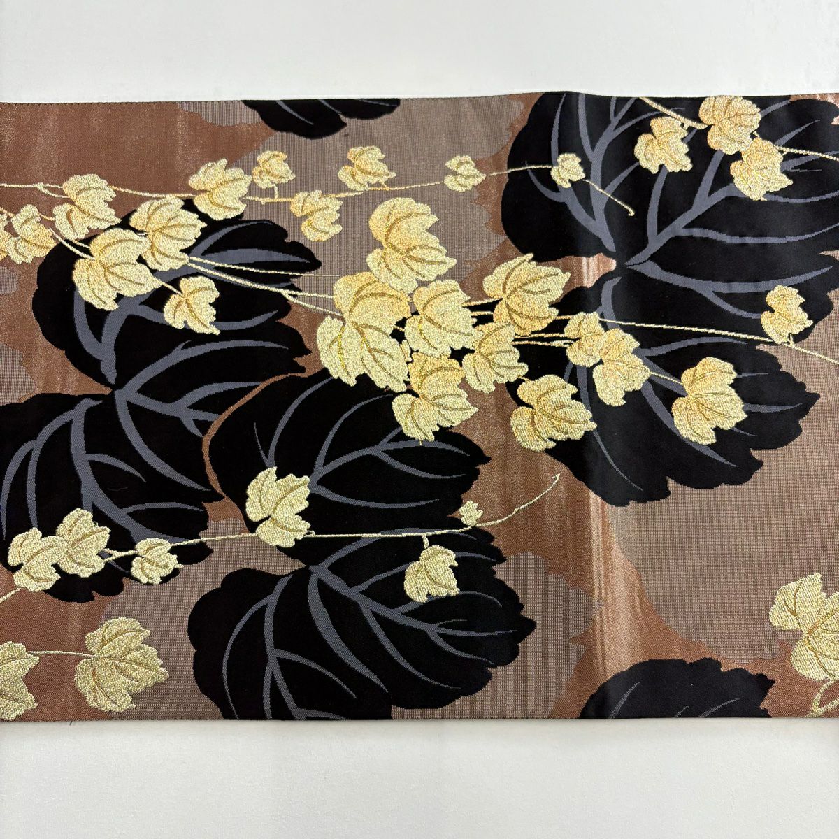 【美品】 袋帶 名品級 葉柄 蔦 金糸 金金箔 茶 六通 純蠶絲