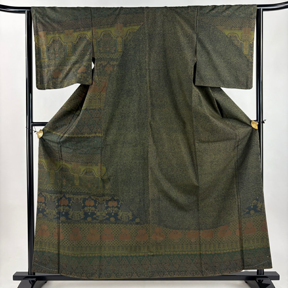 訪問服 身長160.5cm 袖長63.5cm S 雙層 大島紬織織 草花紋紋 幾何學 茶綠 純蠶絲 名品級
