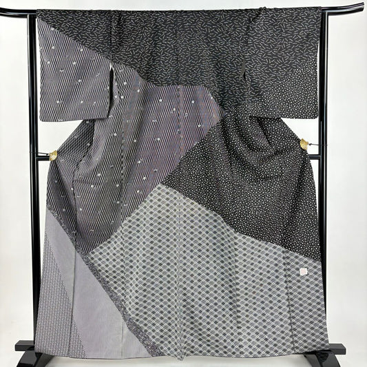 【美品】訪問服 身長163cm 袖長64.5cm M 雙層 紬織織 落款あり よろけ縞 葉紋 黑 純蠶絲 名品級