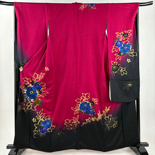 振袖禮服 身長163cm 袖長66.5cm M 雙層 薔薇 金銀彩 染分 紅紫 純蠶絲 名品級