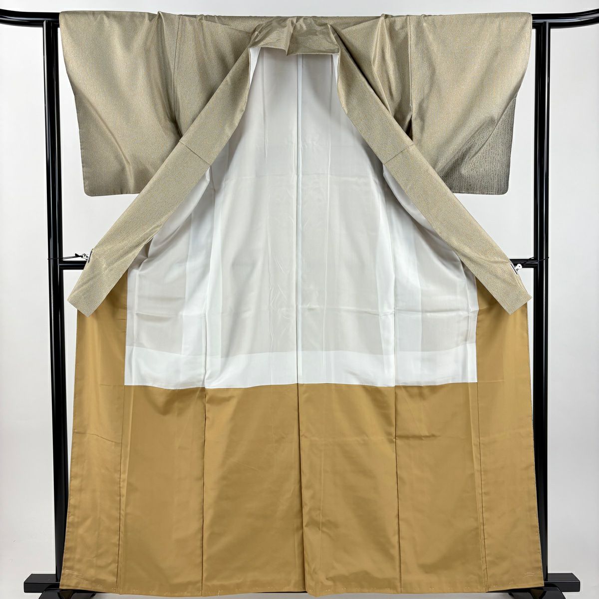 【美品】 付下 身長162cm 袖長63cm S 雙層 大島紬織地 證書齊全 幾何學圖案 茶綠 純蠶絲 名品級