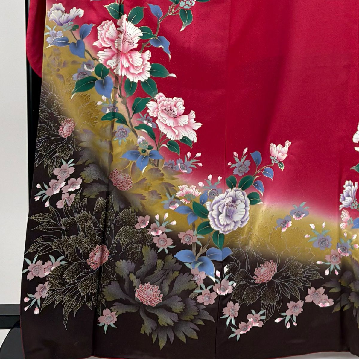振袖禮服 身長166cm 袖長68.5cm L 雙層 鈴乃屋 枝花 金彩裝飾 漸層 深粉色 純蠶絲 名品級
