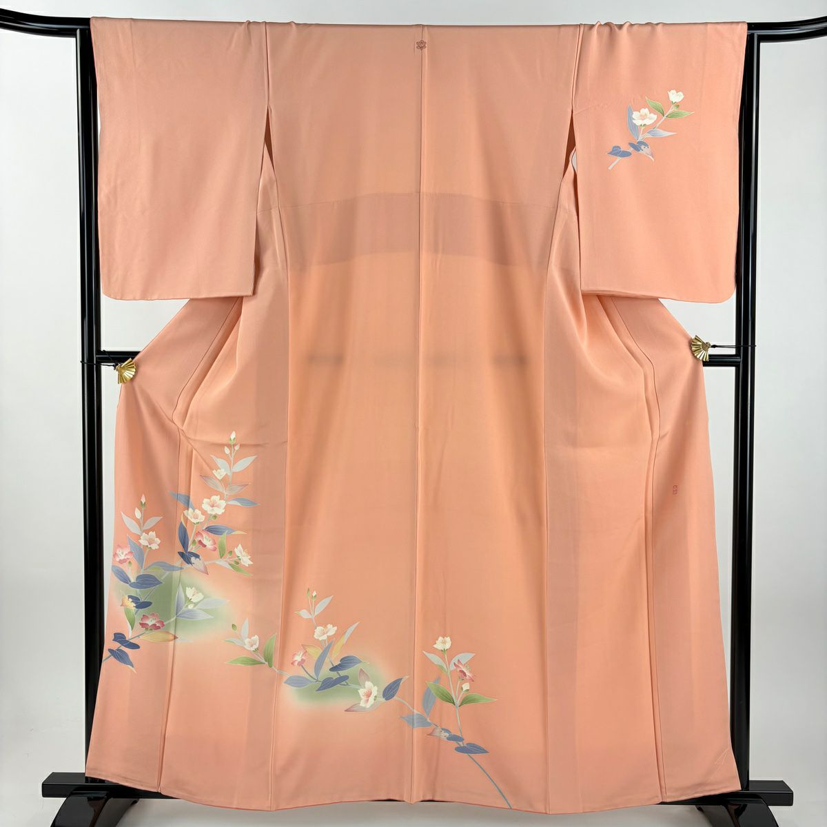 付下 身長160cm 袖長65cm M 雙層 落款 草花紋紋 漸層 鮭粉色 純蠶絲 名品級 一つ紋