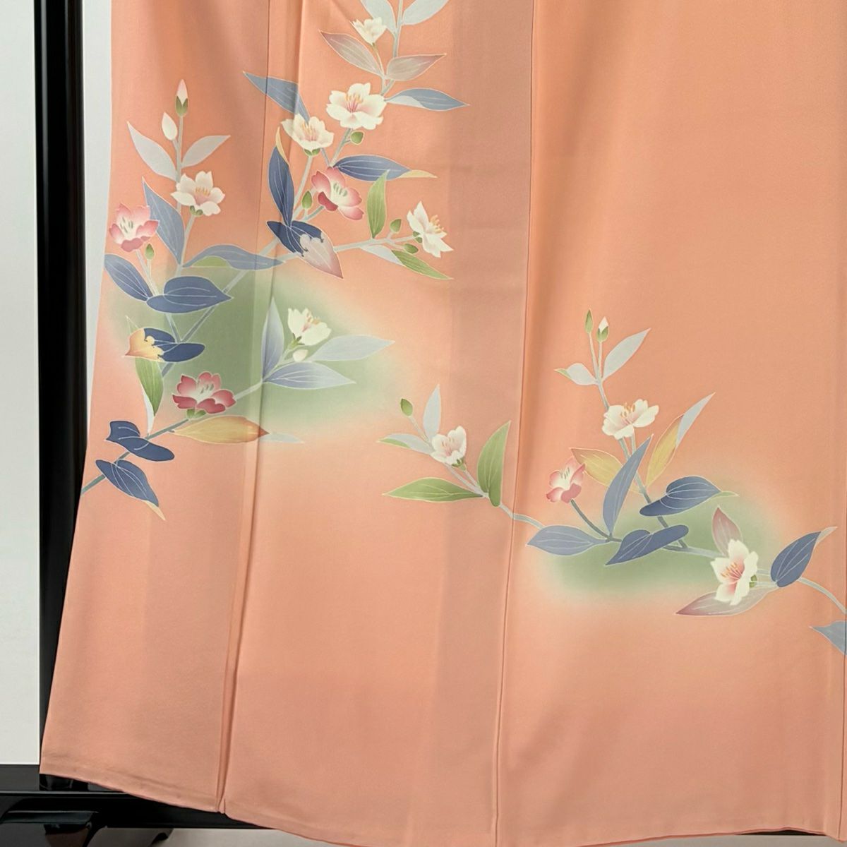 付下 身長160cm 袖長65cm M 雙層 落款 草花紋紋 漸層 鮭粉色 純蠶絲 名品級 一つ紋