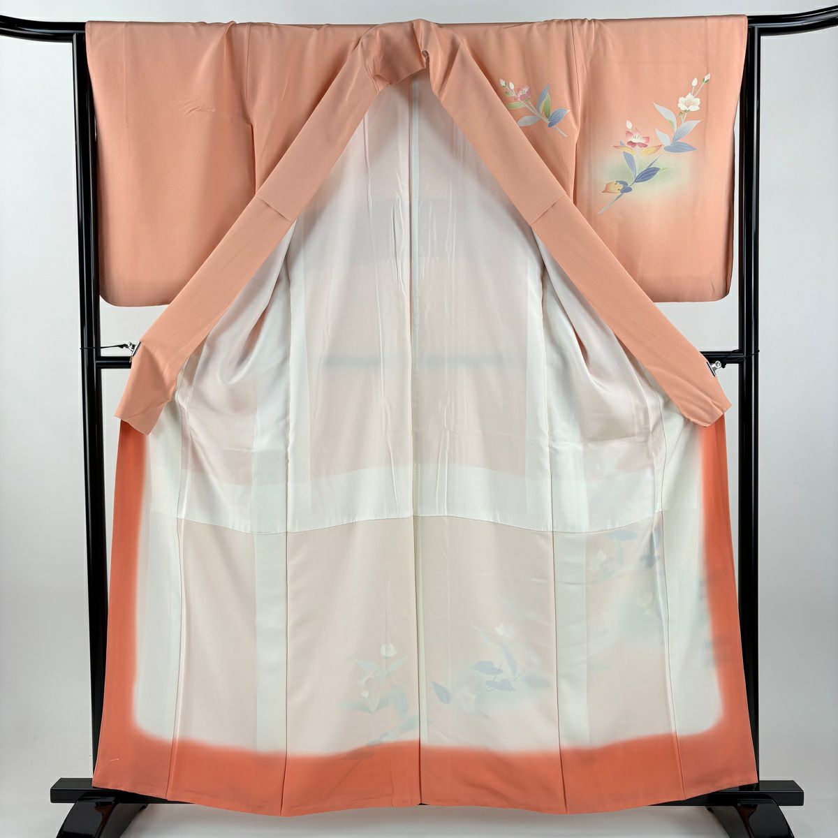 付下 身長160cm 袖長65cm M 雙層 落款 草花紋紋 漸層 鮭粉色 純蠶絲 名品級 一つ紋