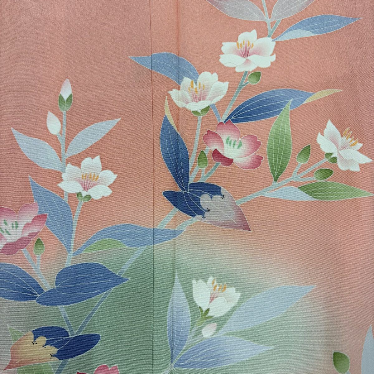 付下 身長160cm 袖長65cm M 雙層 落款 草花紋紋 漸層 鮭粉色 純蠶絲 名品級 一つ紋