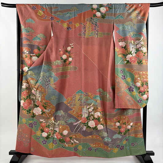 振袖禮服 身長160cm 袖長67cm M 雙層 御所車 牡丹 金彩裝飾 染分 粉米色 純蠶絲 秀品級