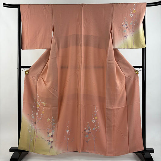 付下 身長160.5cm 袖長66cm M 雙層 枝梅花 蝴蝶 漸層 鮭粉色 純蠶絲 優品級
