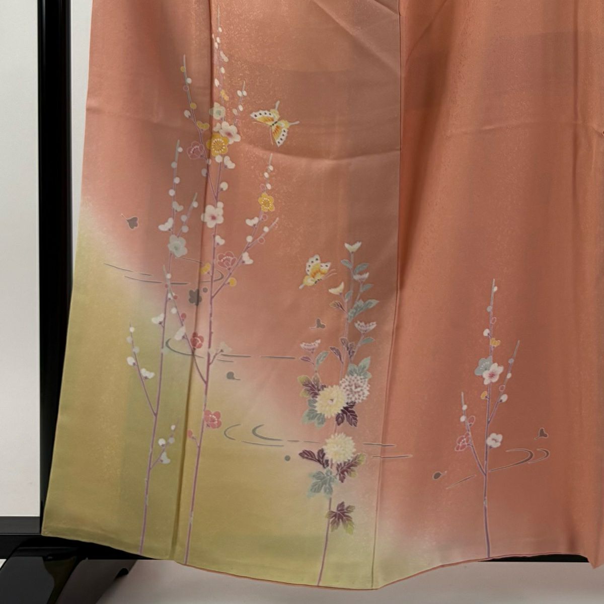 付下 身長160.5cm 袖長66cm M 雙層 枝梅花 蝴蝶 漸層 鮭粉色 純蠶絲 優品級
