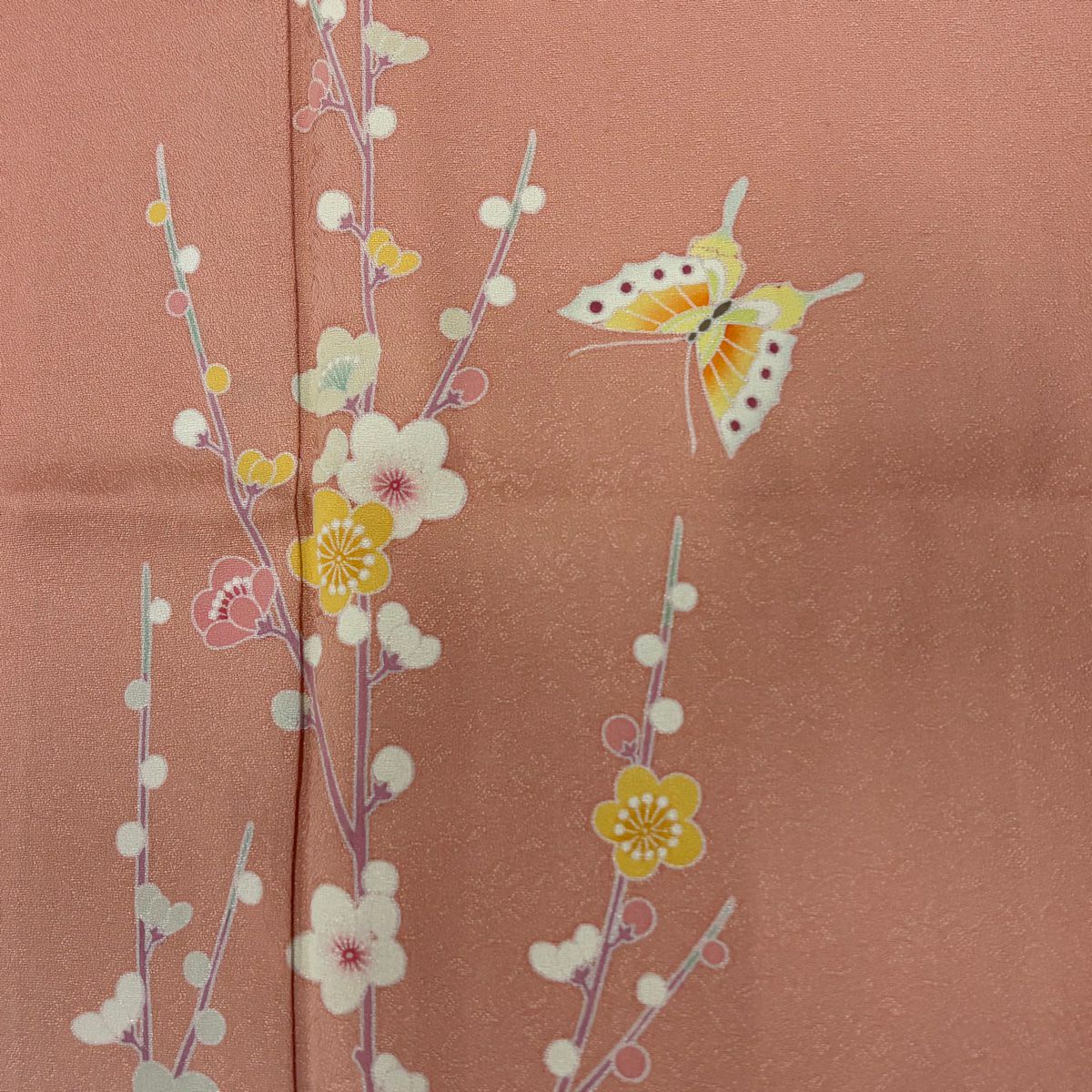 付下 身長160.5cm 袖長66cm M 雙層 枝梅花 蝴蝶 漸層 鮭粉色 純蠶絲 優品級
