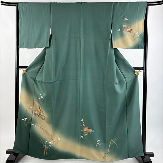 付下 身長163cm 袖長65cm M 雙層 枝花 木賊 螺鈿 金銀彩 綠 純蠶絲 秀品級