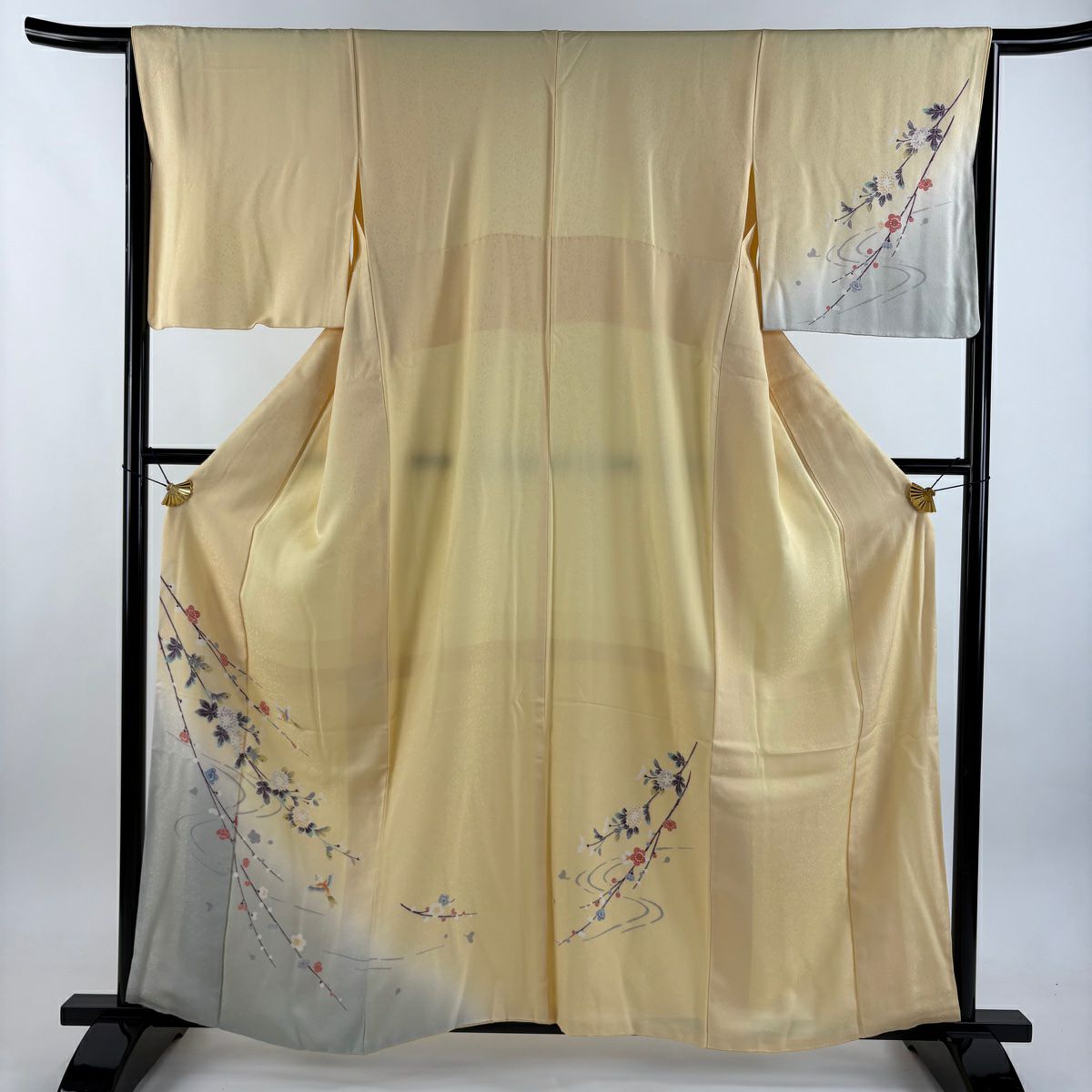 付下 身長161cm 袖長65cm M 雙層 枝梅花 鳥 漸層 淡黃 純蠶絲 優品級