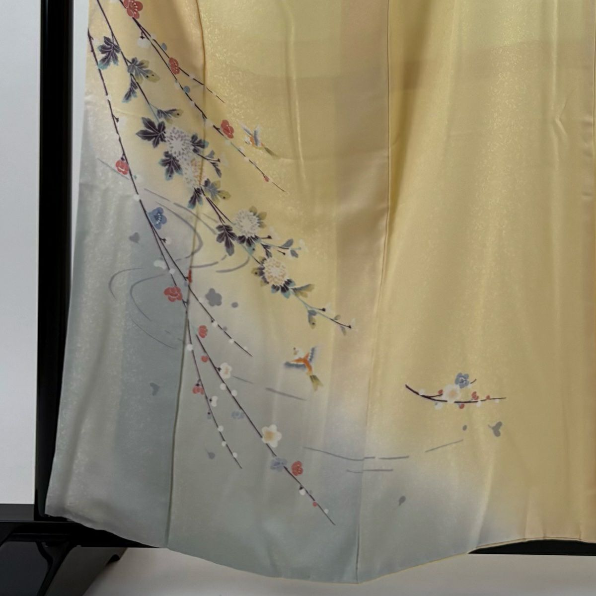 付下 身長161cm 袖長65cm M 雙層 枝梅花 鳥 漸層 淡黃 純蠶絲 優品級