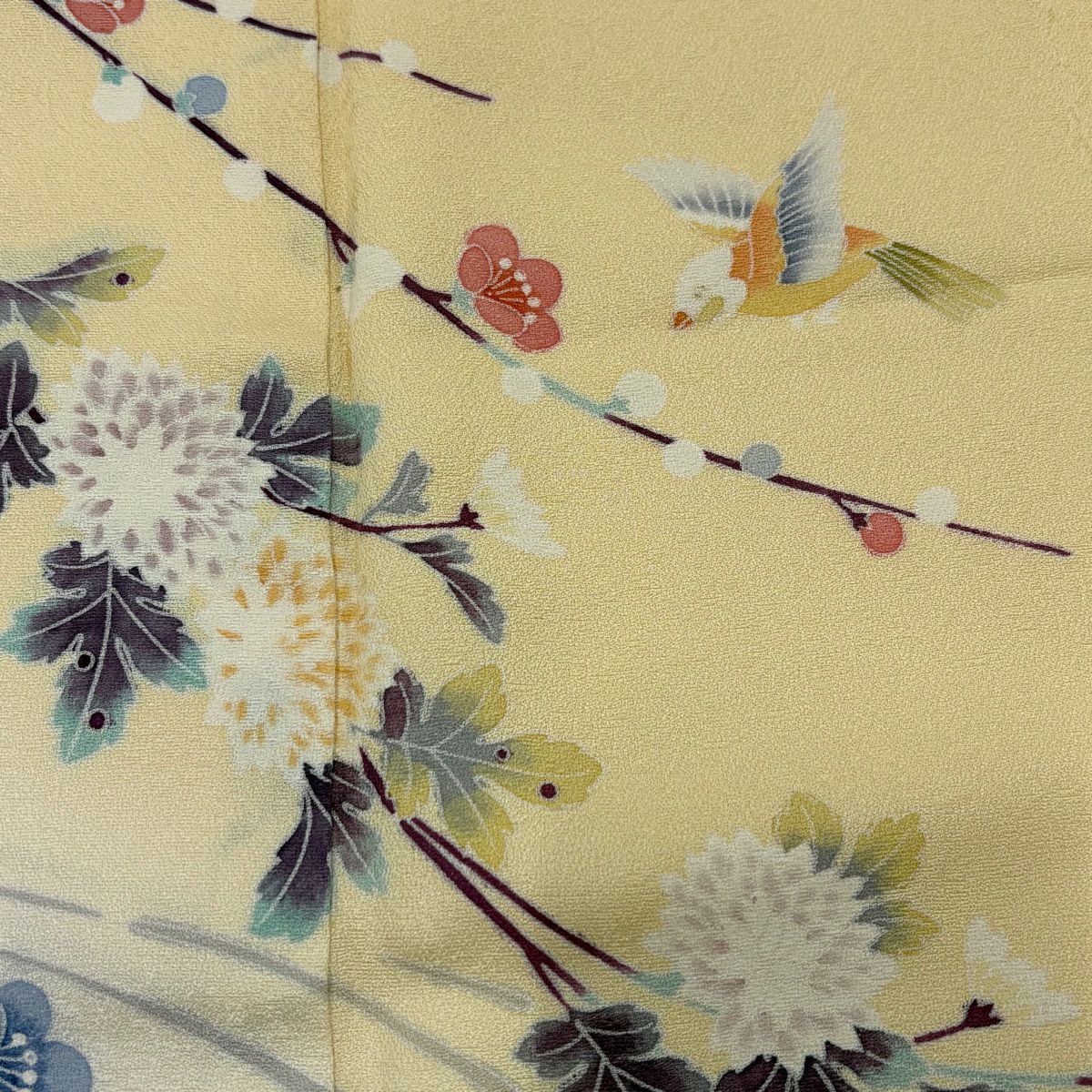 付下 身長161cm 袖長65cm M 雙層 枝梅花 鳥 漸層 淡黃 純蠶絲 優品級