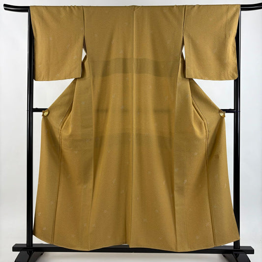 【美品】 小紋 身長156cm 袖長66cm M 雙層 落款あり 草花紋紋 黃土 純蠶絲 秀品級