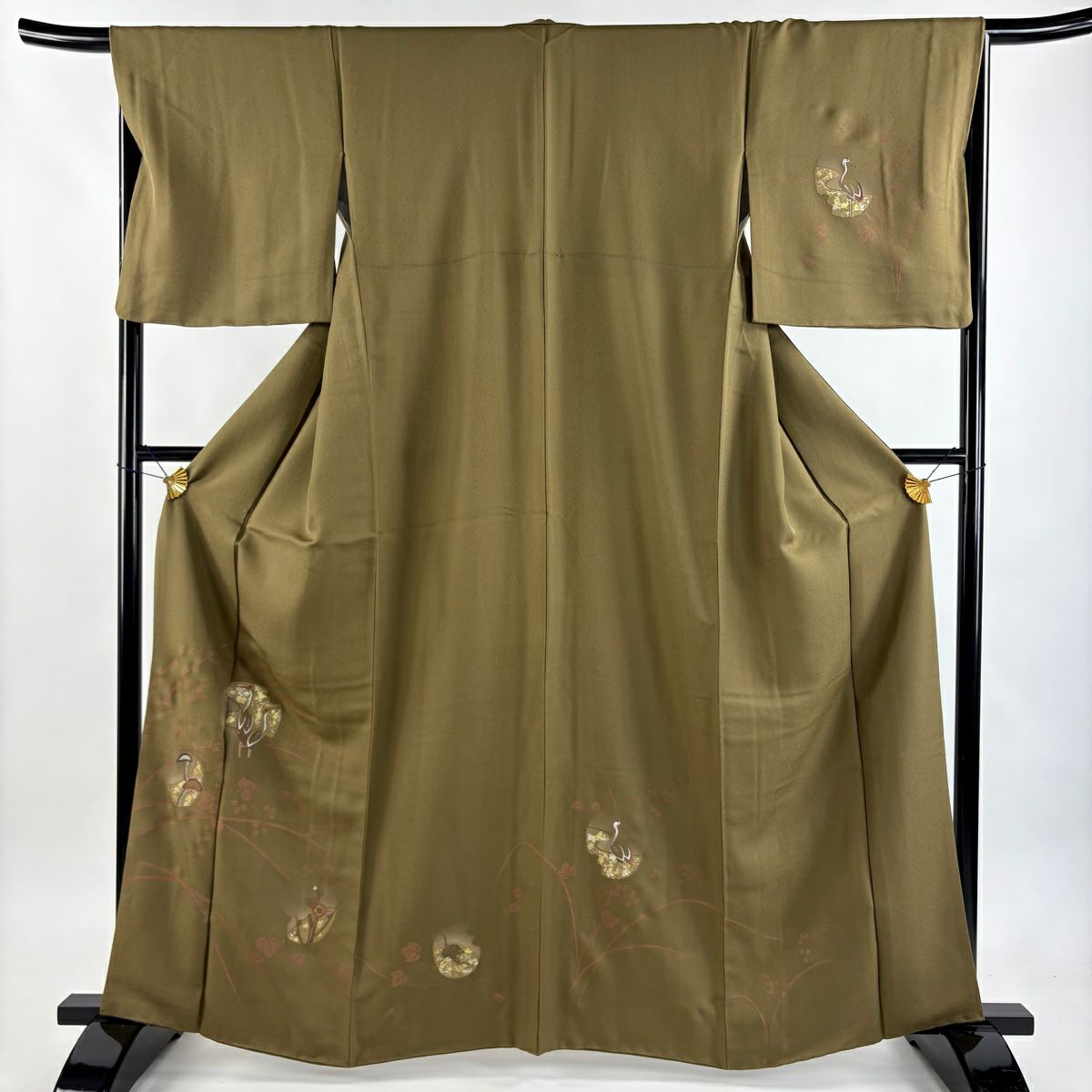 付下 身長163.5cm 袖長67cm M 雙層 仙鶴 松樹 金絲 金銀彩 茶綠 純蠶絲 秀品級