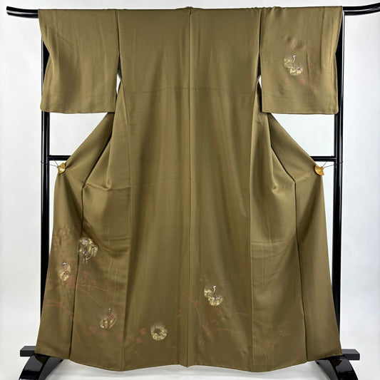 付下 身長163.5cm 袖長67cm M 雙層 仙鶴 松樹 金絲 金銀彩 茶綠 純蠶絲 秀品級