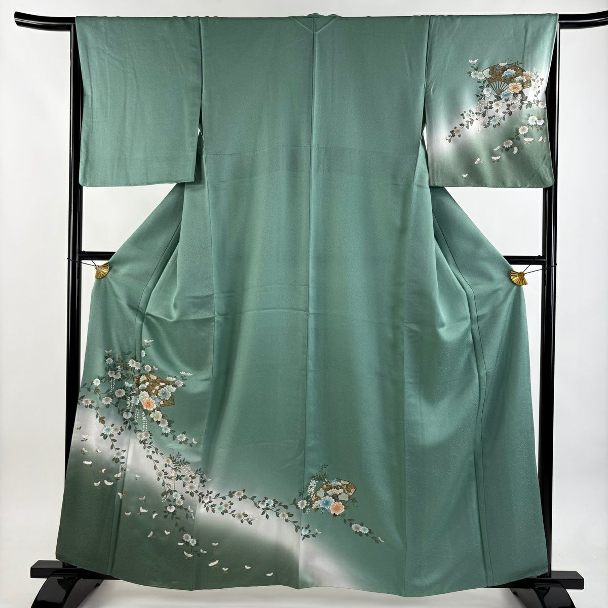 【美品】訪問服 身長161cm 袖長65cm M 雙層 扇子 菊花 螺鈿 金銀彩 薄綠 純蠶絲 秀品級