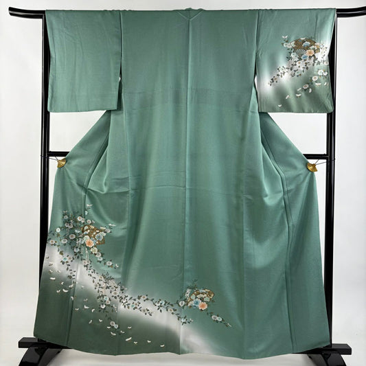 【美品】訪問服 身長161cm 袖長65cm M 雙層 扇子 菊花 螺鈿 金銀彩 薄綠 純蠶絲 秀品級