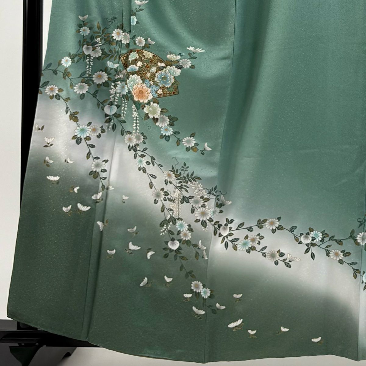 【美品】訪問服 身長161cm 袖長65cm M 雙層 扇子 菊花 螺鈿 金銀彩 薄綠 純蠶絲 秀品級