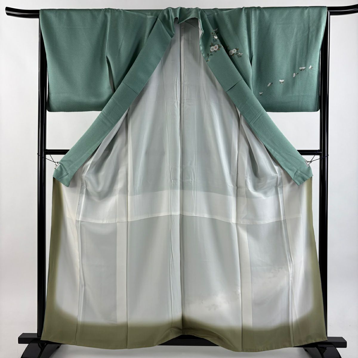 【美品】訪問服 身長161cm 袖長65cm M 雙層 扇子 菊花 螺鈿 金銀彩 薄綠 純蠶絲 秀品級