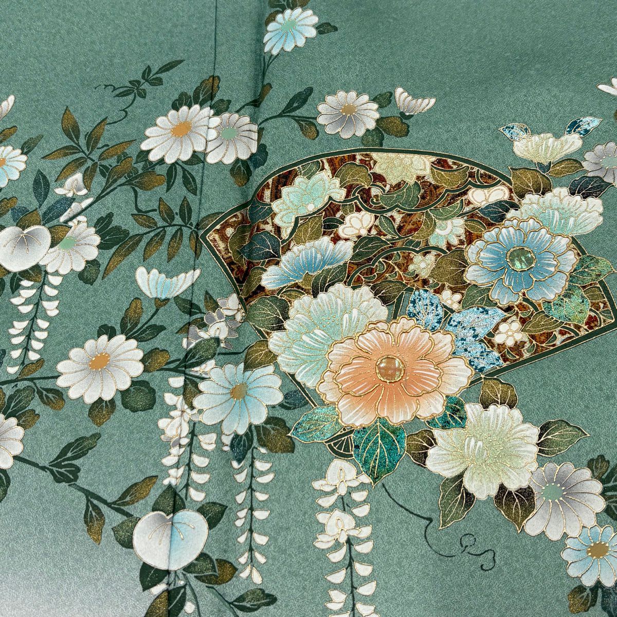 【美品】訪問服 身長161cm 袖長65cm M 雙層 扇子 菊花 螺鈿 金銀彩 薄綠 純蠶絲 秀品級