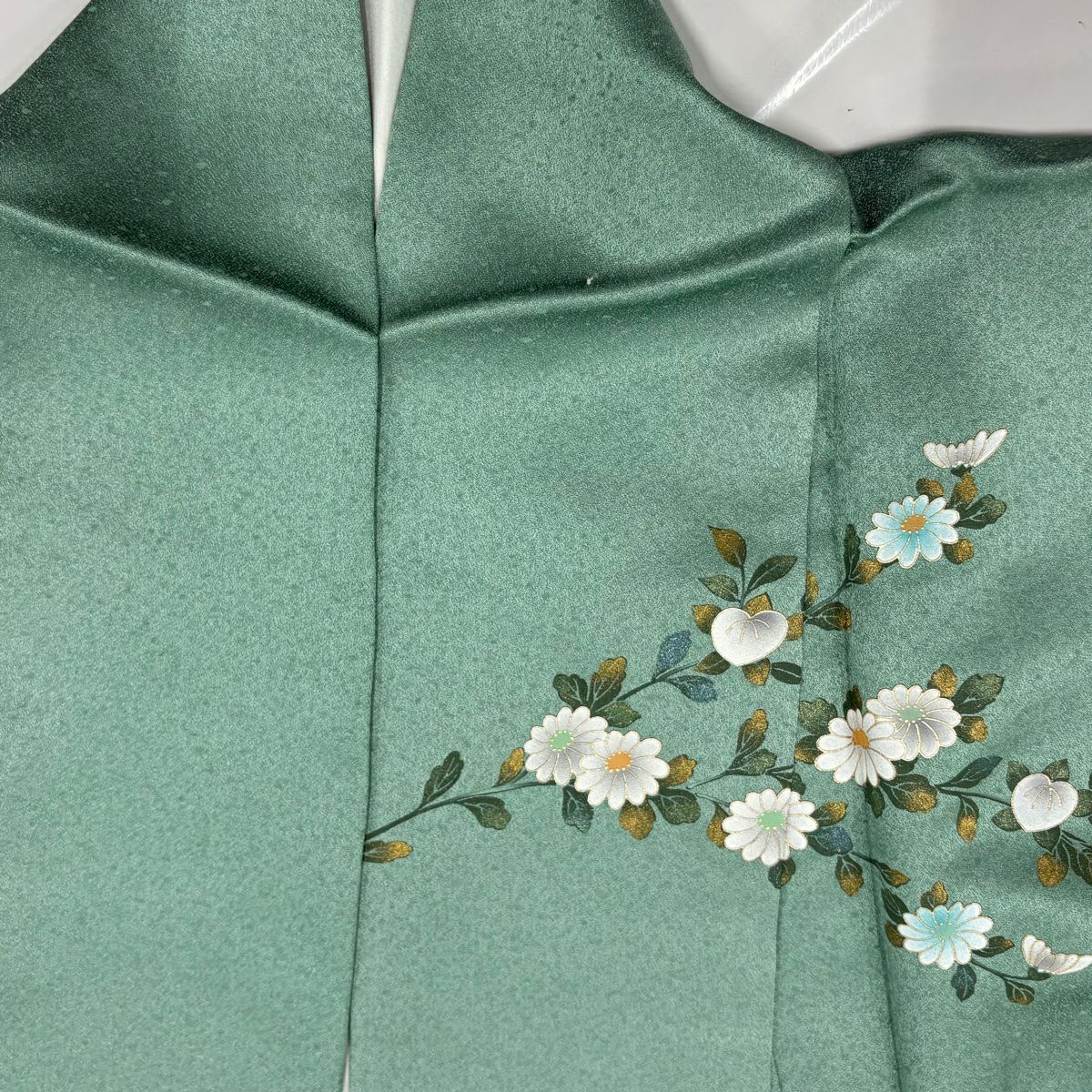 【美品】訪問服 身長161cm 袖長65cm M 雙層 扇子 菊花 螺鈿 金銀彩 薄綠 純蠶絲 秀品級