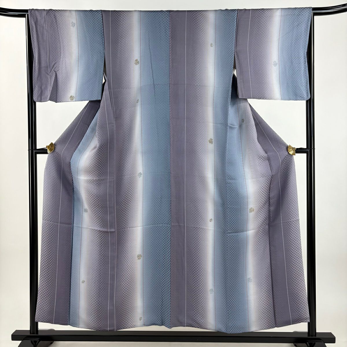【美品】 小紋 身長155cm 袖長66.5cm M 雙層 縱條 幾何學 漸層 灰紫 純蠶絲 優品級
